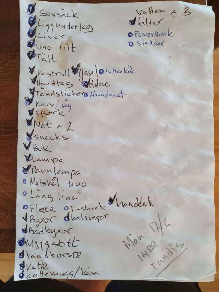 Handskriven lista med saker att packa